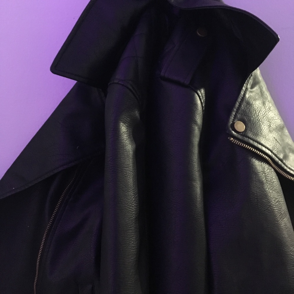 Faux black leather jacket.